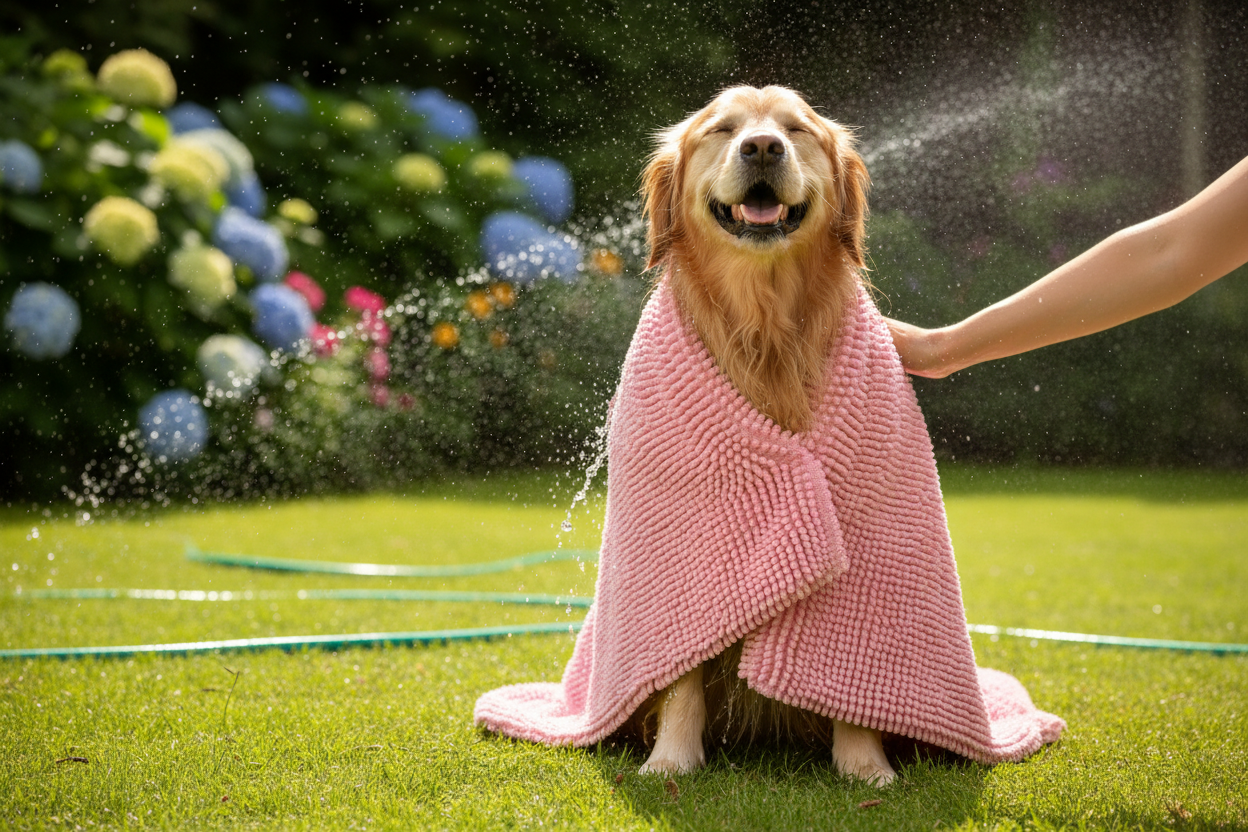 Dog near garden hose with pink pet towel