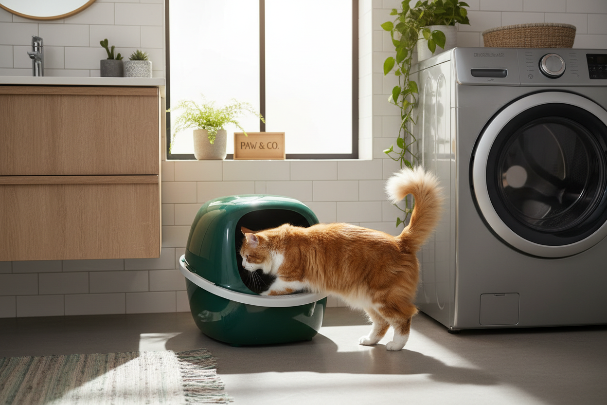 Semi-enclosed cat litter box in forest green in a modern home bathroom with a cat stepping inside