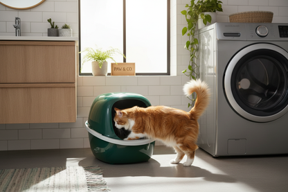 Semi-enclosed cat litter box in forest green in a modern home bathroom with a cat stepping inside