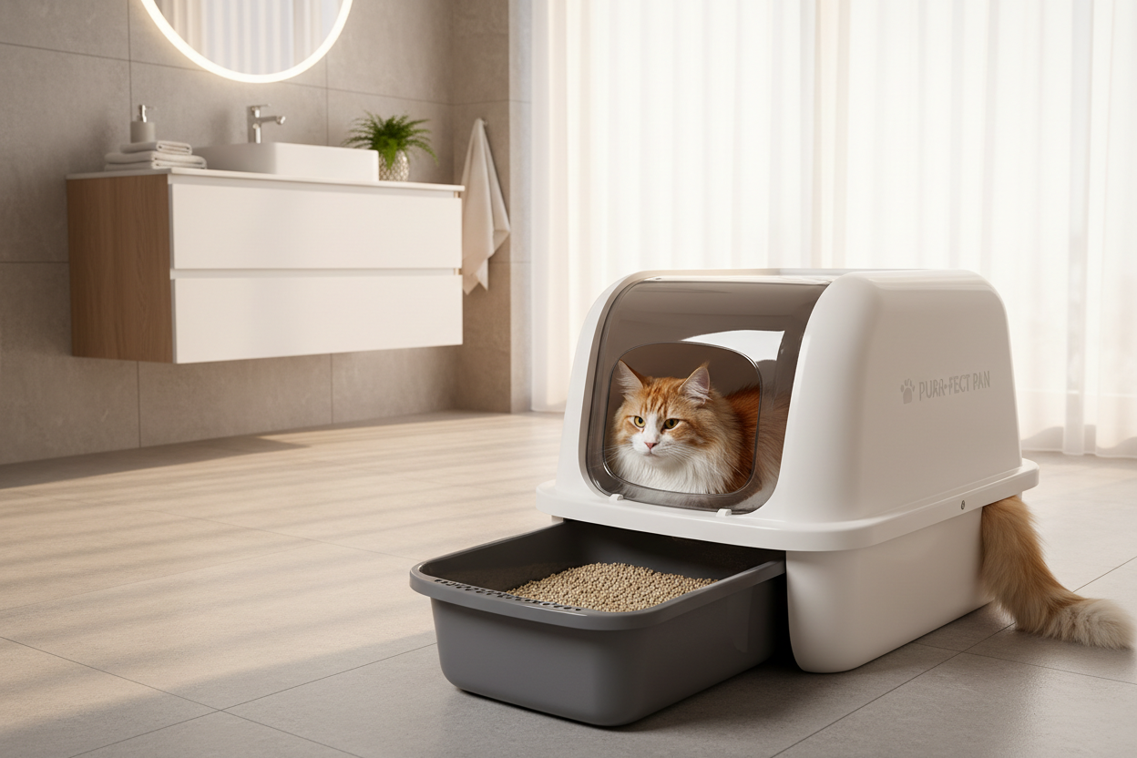 Large semi-enclosed cat litter box in a modern bathroom with a fluffy cat using it comfortably